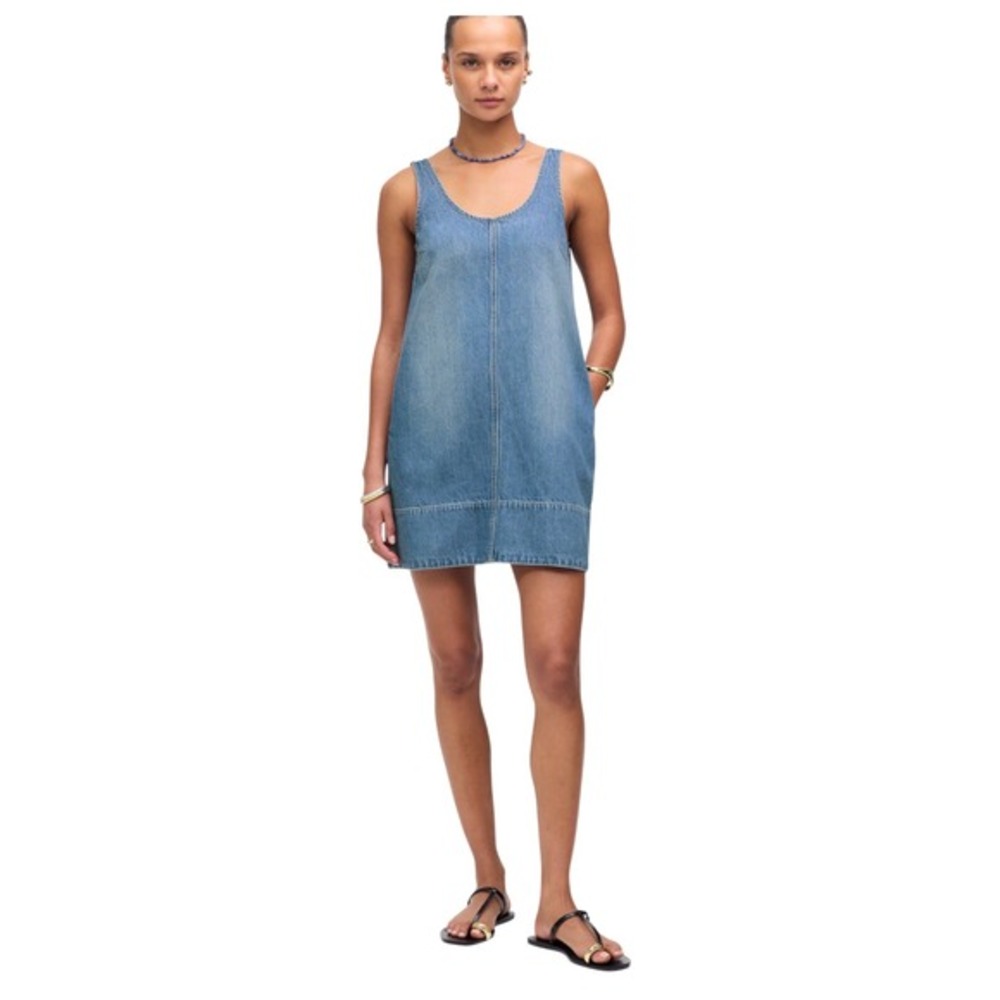 Madewell Denim Pinafore Dress Blue Wash Sleeveless Side Zip Pockets Size L‎